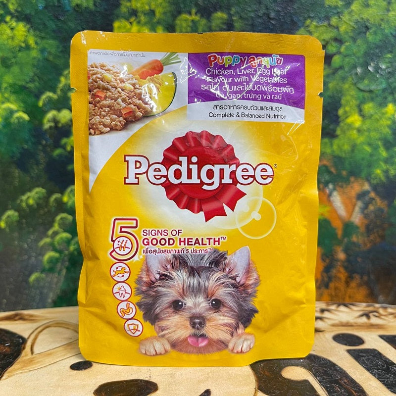 Pate Pedigree Puppy gói 80g thành phần thịt gà, gan, trứng, rau